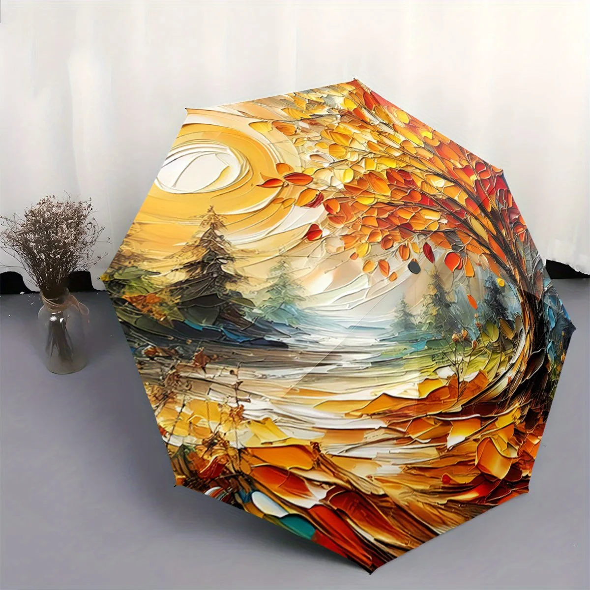 

Automatic Open/Close Umbrella with Auto-Folding Mechanism - Elegant Fall Leaves Design in Orange, Yellow, Green, Brown - Compa