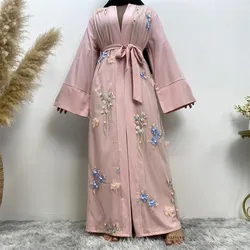 Eid Flower Open Abayas for Women 2024 Muslim Dress Kimono Jalabiya Belted Kaftan Robe Islamic Longue Femme Musulmane Vestidos