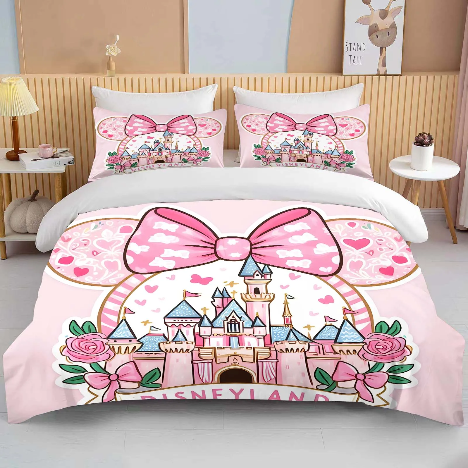 

10Sizes Disney Land Printed Soft Bedding Set Cartoon Duvet Cover Comforter Pillowcase Boys Girls Children Adults King Pink Decor