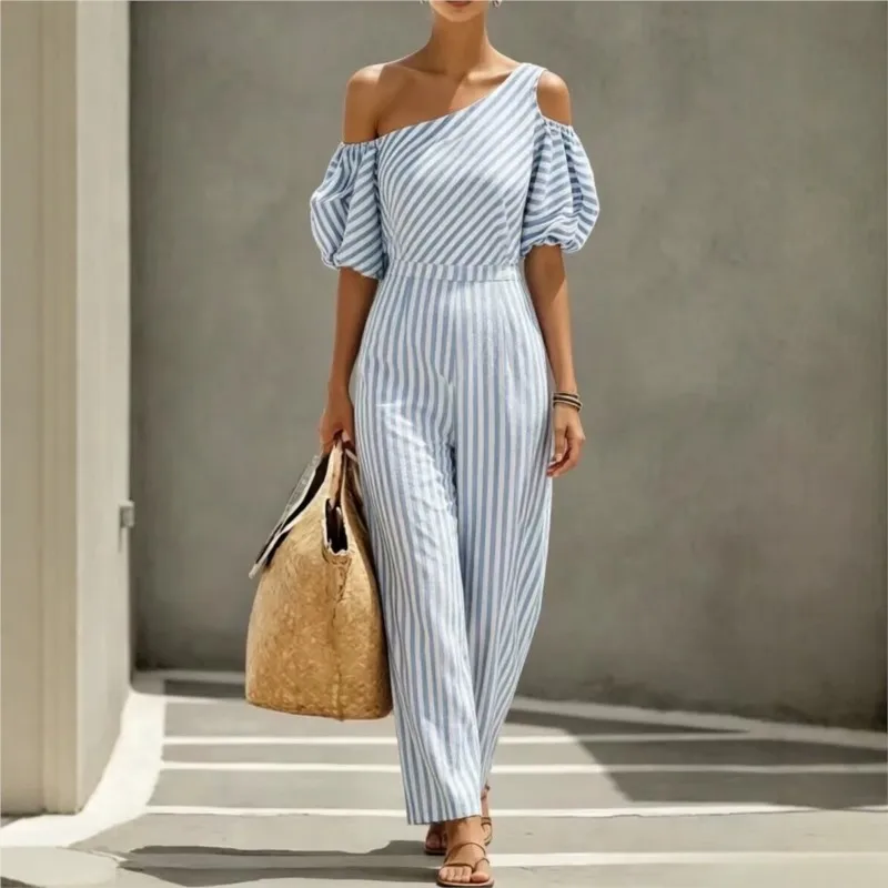 2026 New Summer Women's Jumpsuit With Striped Diagonal Shoulder Bubble Sleeves Fashionable And Comfortable Unique Jumpsuit Pants