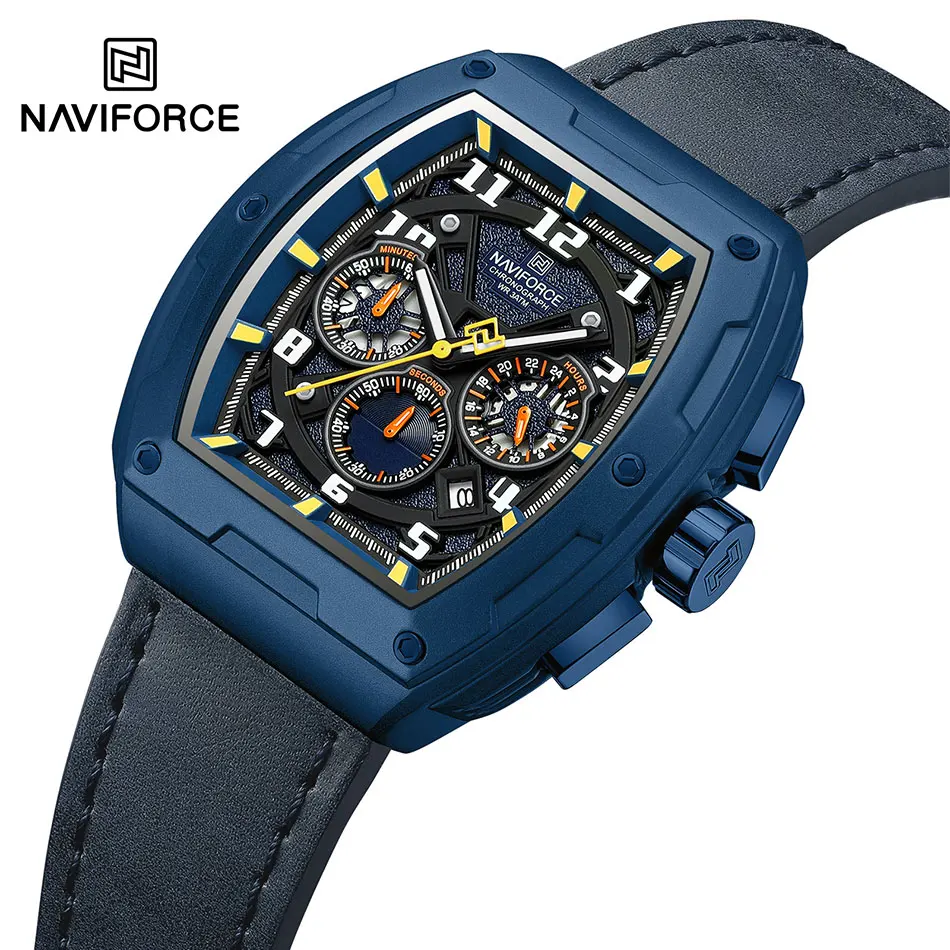 

NAVIFORCE Men Tonneau Watches Military Outdoor Sport Chronograph Quartz Wristwatch with Date 3ATM Waterproof Leather Strap Clock