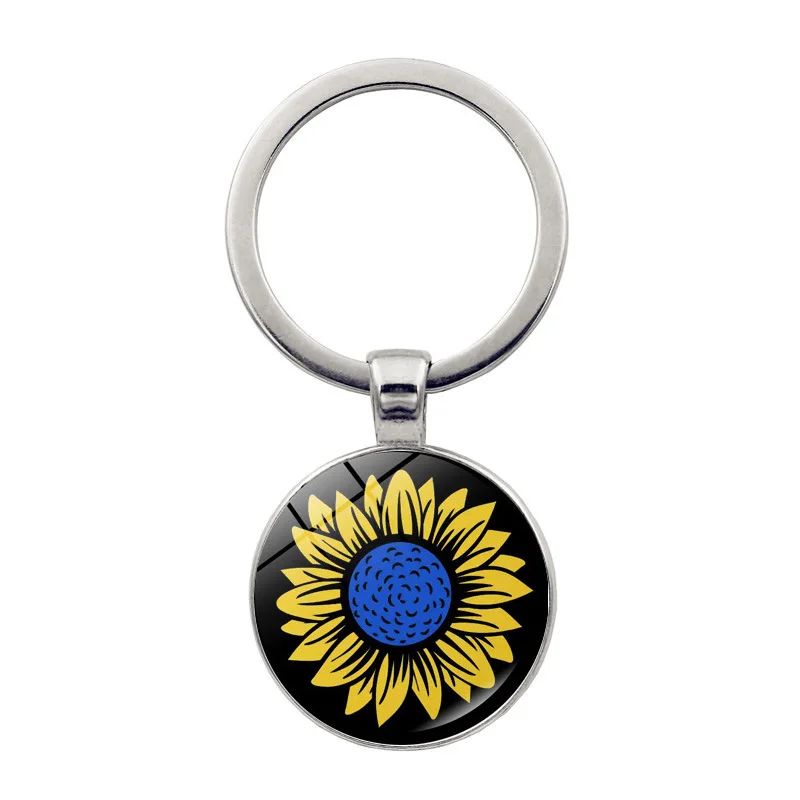 Popular Jewelry Ukrainian Element Alloy Keychain Dome Glass Yellow Blue Sunflower Pattern Classic Gift