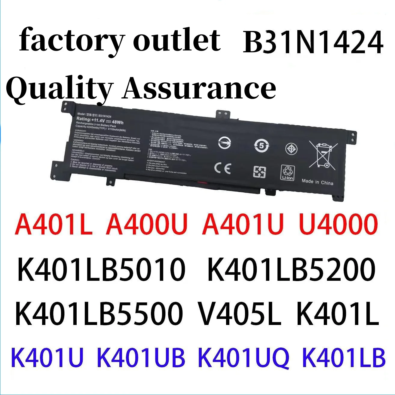 

Подходит для ASUS A400U A401 U L K401L B K401U B U4000 battery B31N1424