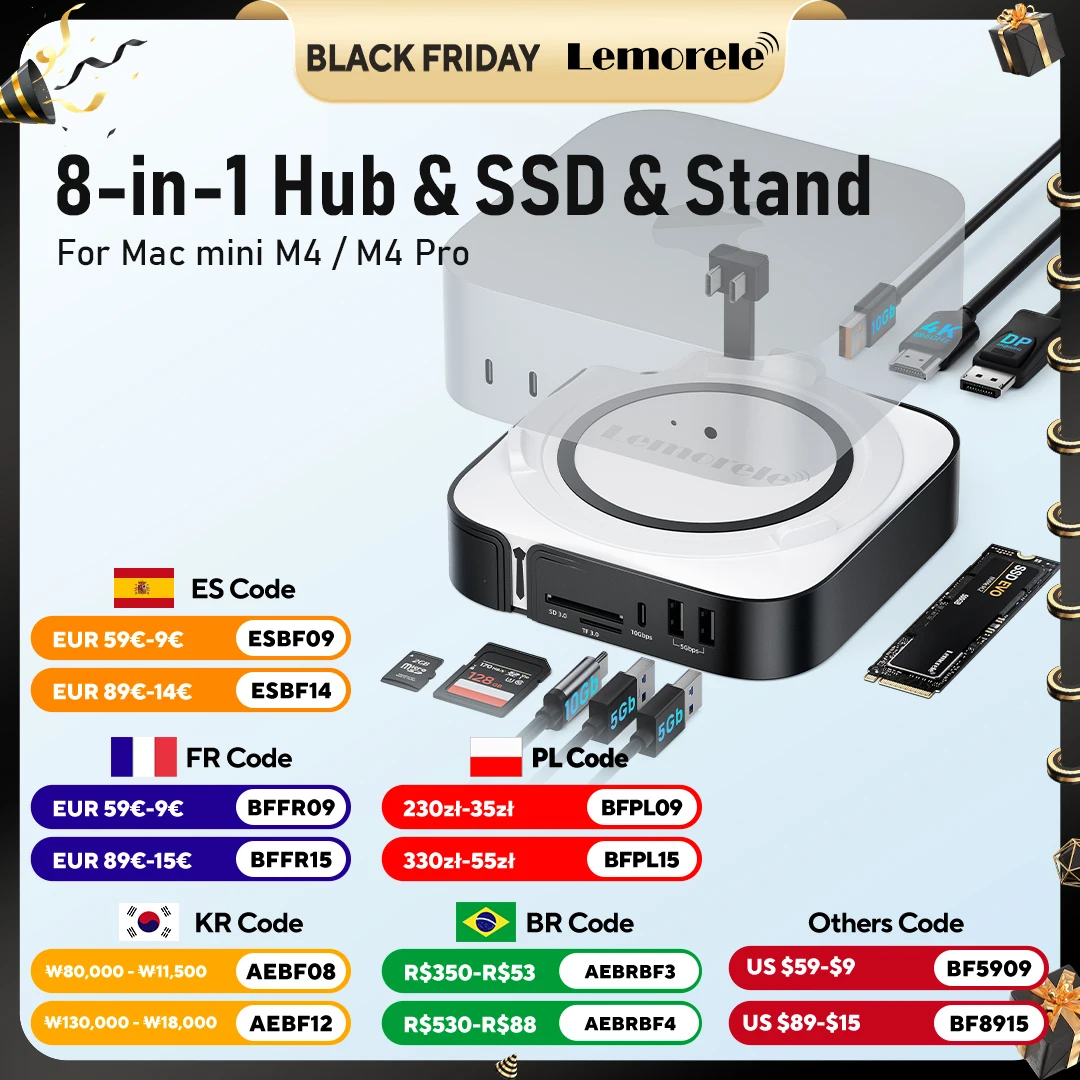 

Lemorele TC800 Mac mini M4 Dock 11-в-1 USBC Hub с двумя 4K HDMI DP 10 Гбит/с NVMe M.2 SSD Slot SD/TF Card Reader для Mac Mini M4