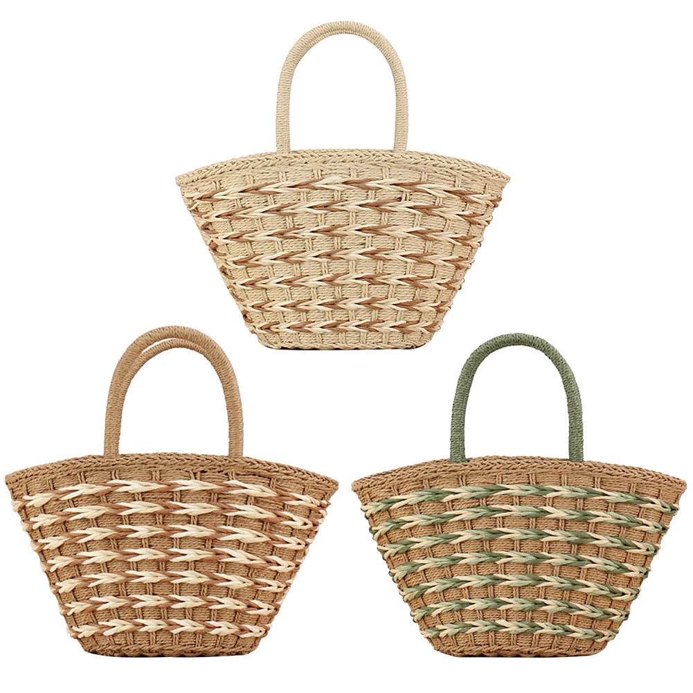 Women Straw Woven Tote Bag Fashion Woven Handbag Zipper Closure Handwoven Shoulder Bag Handmade Straw Bag Top-handle Handbag