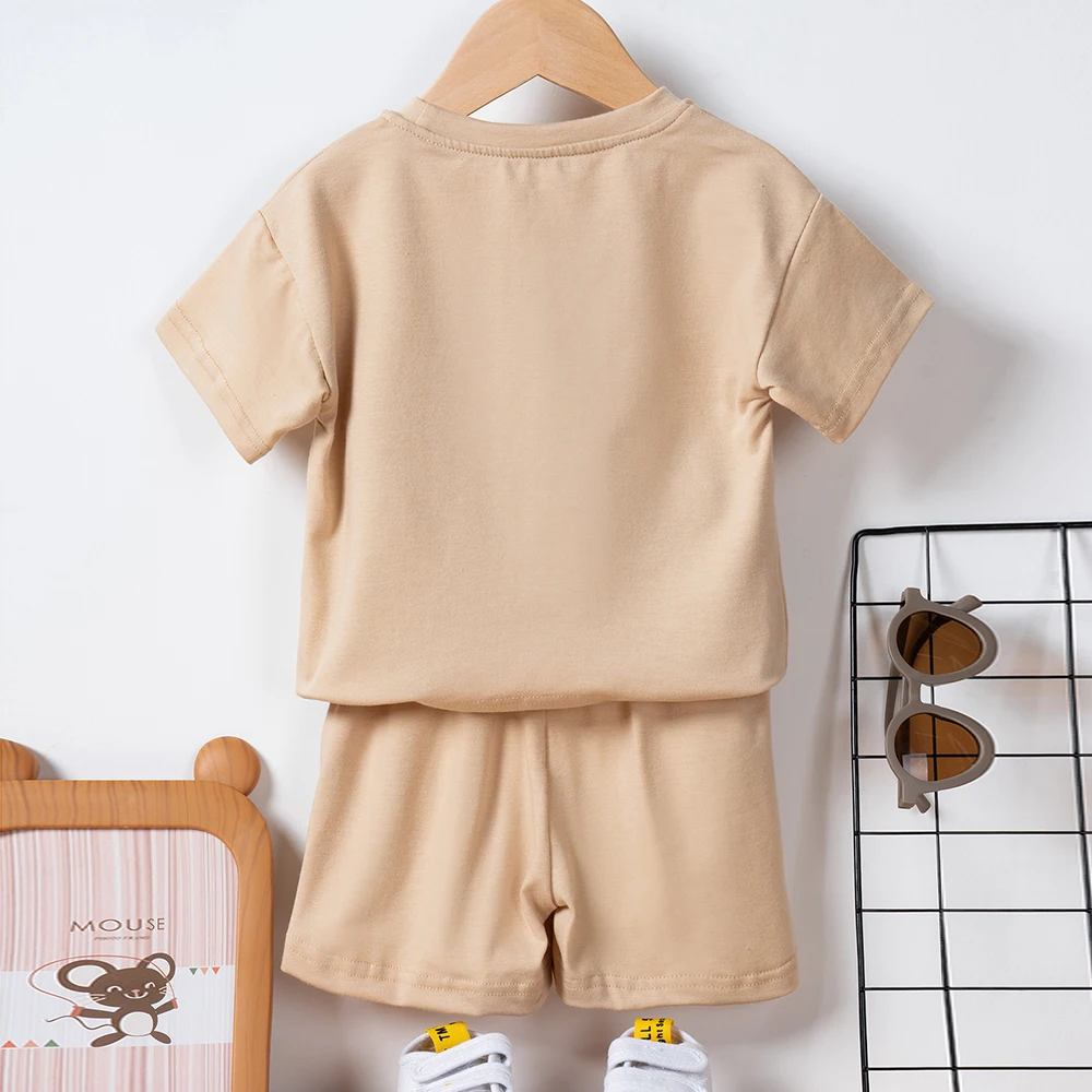 Khaki Children Sets Boys & Girls T-Shirt + Shorts Summer Sun Print Short Sleeve Toddler Casual Set