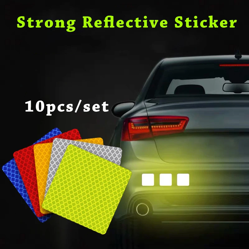 10pcs/set Square Car Bumper Reflective Safety Strip Stickers Car Reflective Sticker Reflective Warning Safety Tape