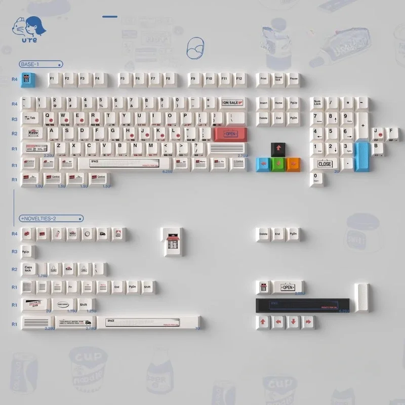 Retro Convenience Store Theme Keycap Set 151Key PBT Custom Cute White Keyboard Cap Cherry Profile KeyCap for Mechanical Keyboard