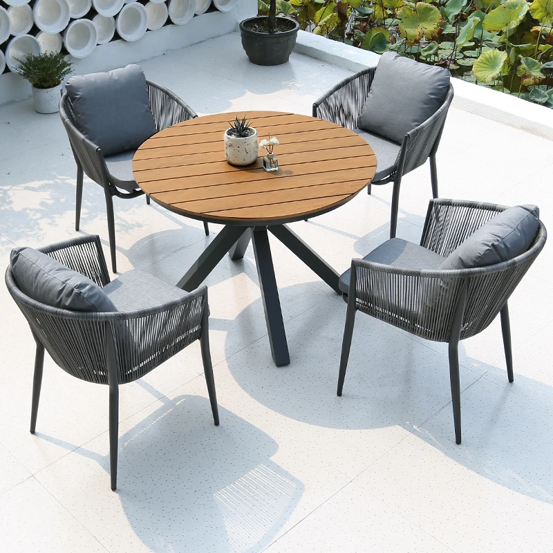 *r for Nordic Style Teak Aluminum Frame Waterproof Durable Outdoor Terrace Coffee Table and Side Table Set for 4 Person&