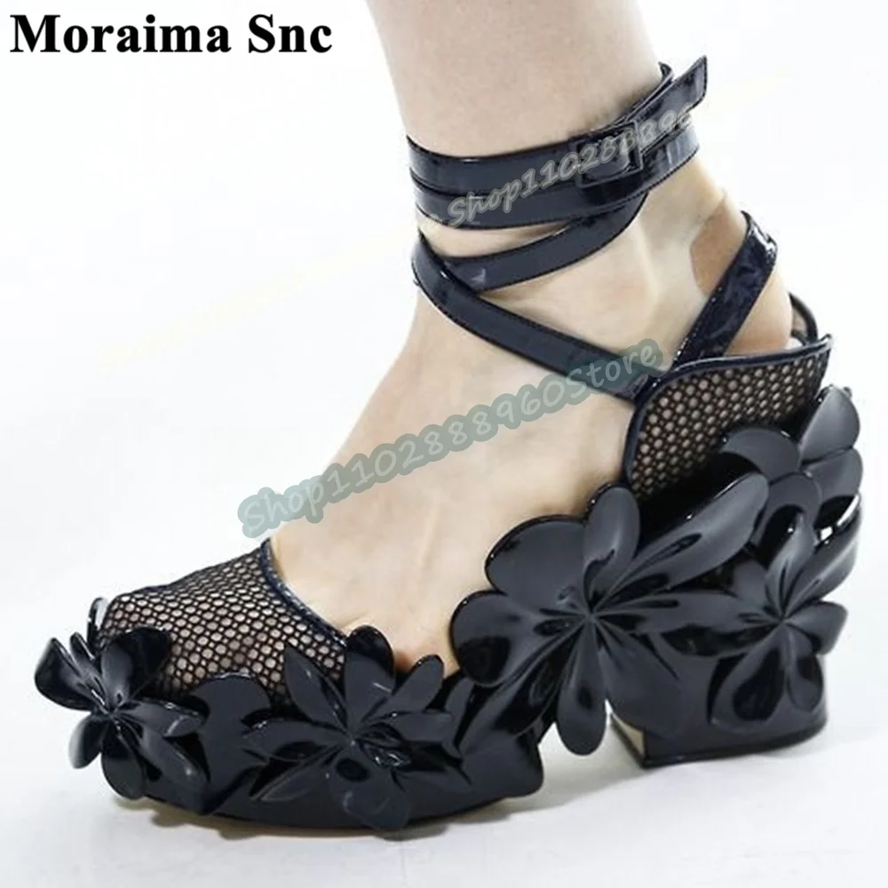 

Black Net Flower Platform Catwalk Sandals Thick Heel Women Shoes Twine Buckle Strap Round Toe Runway Banquet Fashion Sandals
