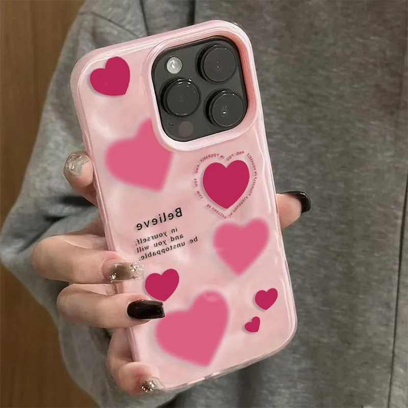 Luxury Pink Love Heart Folds Texture Phone Case For iPhone 17 Air 16 15 14 Plus 13 12 11 17 Pro Max Shockproof Soft Back Cover