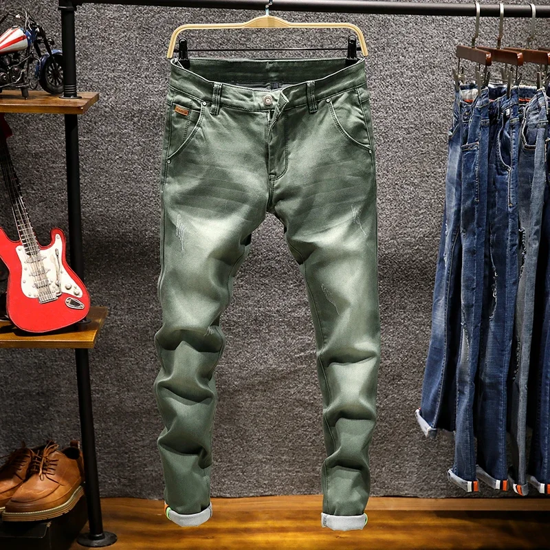 Mens Classic Style Jeans Casual Stretch Slim Denim Pants Light Blue Black Trousers Male Brand 7 Colors New 2024 Mens Green Khaki