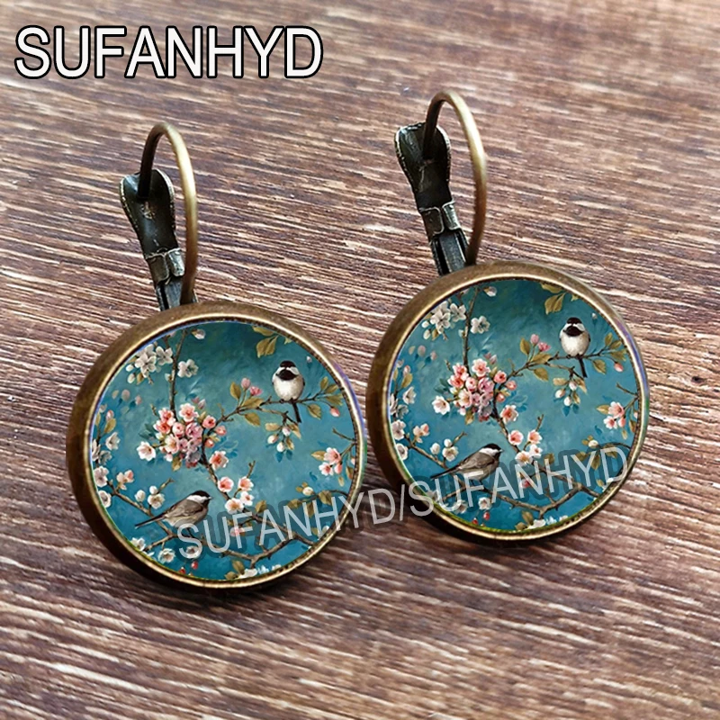 Vintage Van Gogh Painting Stud Earrings Glass Cabochon Art Design Flower and Tree Earring for Girls Fashion Jewelry Gift