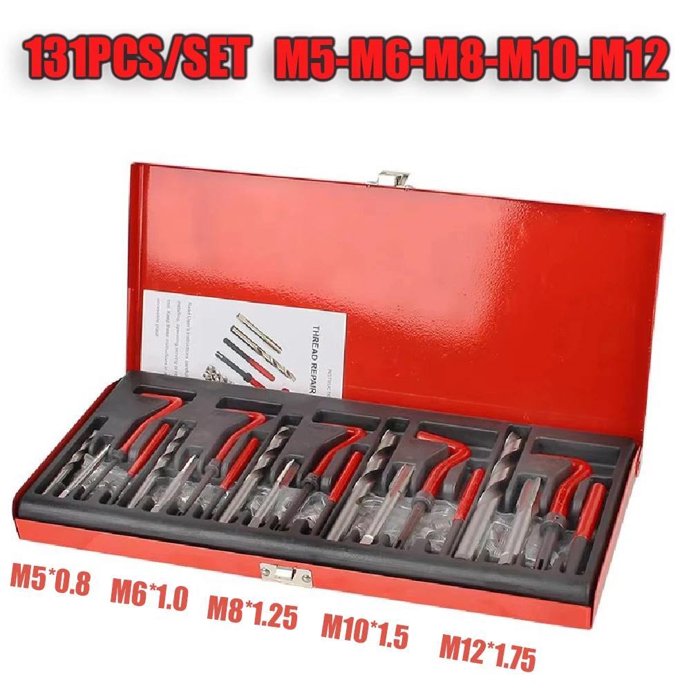 

131 шт./компл. набор для ремонта резьбы из быстрорежущей стали M5 M6 M8 M10 M12, вставки для резьбы для восстановления поврежденной резьбы, инструменты для ремонта