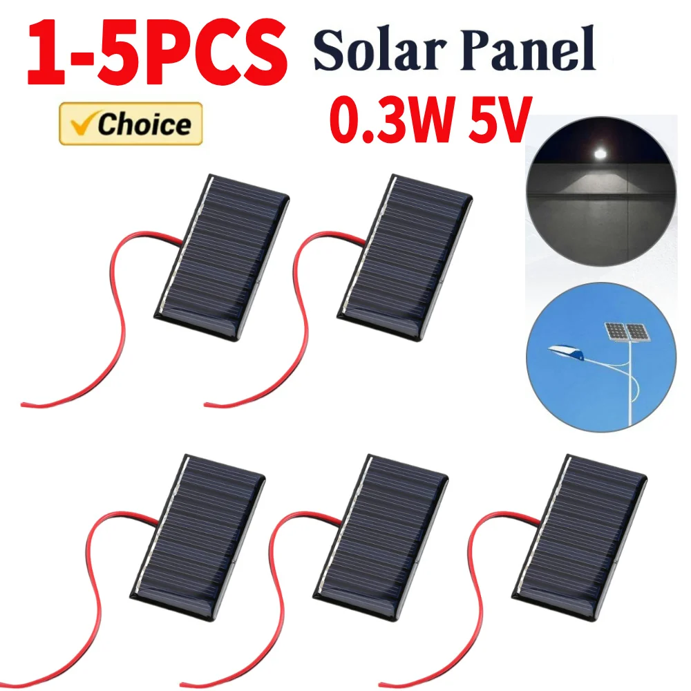 1-5PCS 0.3W 5V Solar Panel Portable Polysilicon Panel Outdoor DIY Solar Charging Panel with Clip for Battery Power Charger