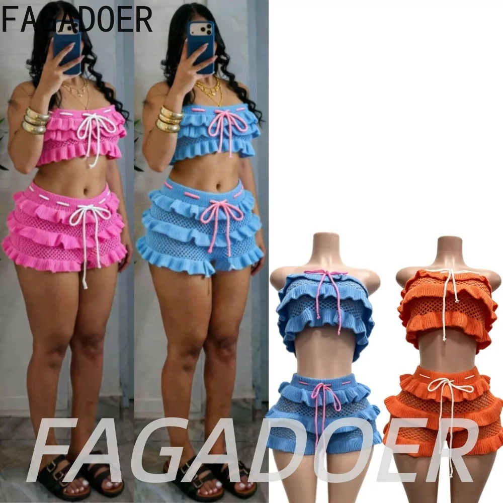 

FAGADOER Fashion Knitted Ruffles Shorts 2 Pcs Sets Women's Beach Vacation Suits Sweet Lace-up Crop Top + Bodycon Shorts Outfits