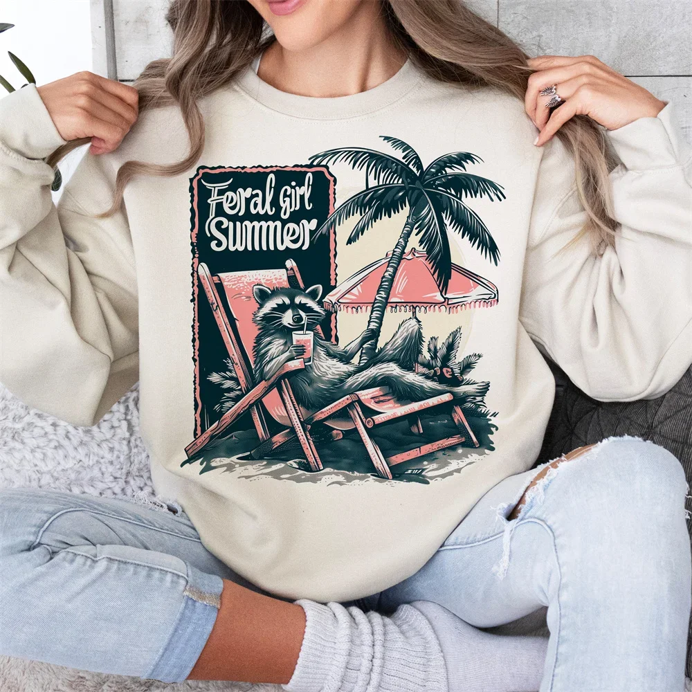 

Feral Girl Summer Feral Summer Graphic Print Sweatshirts Women Solid Cotton Vintage Loose Casual Tops Sports Clothe