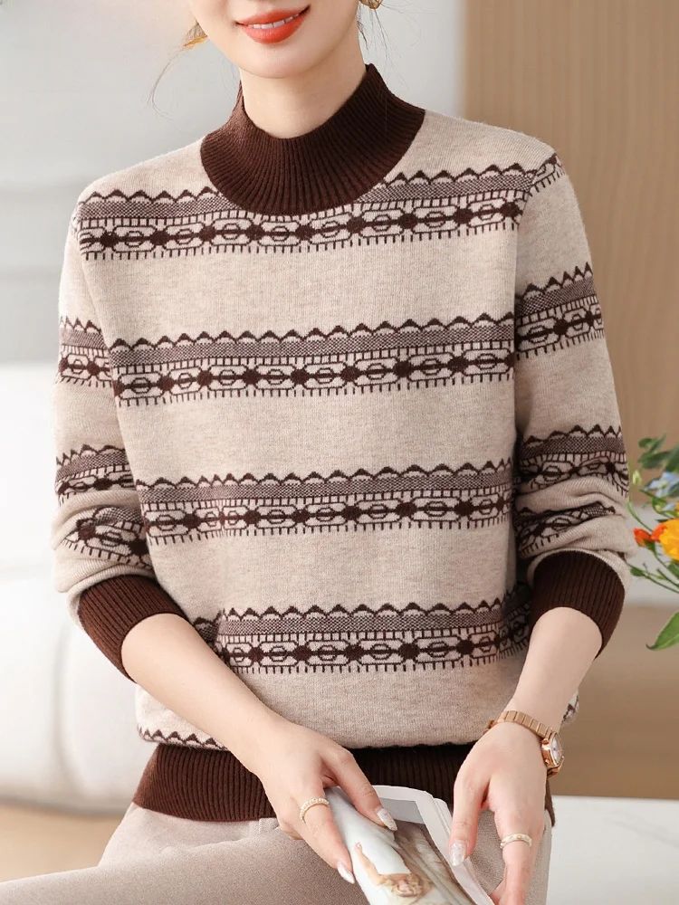 

Thiened Knitted One-Piece Fce Sweater Warm Base irt for Middle-Aged Women Autumn Winter Faion Loose Sle f High ...