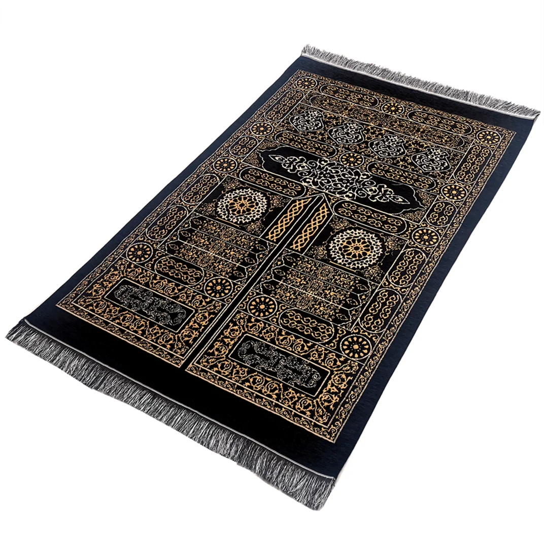 Black Kaba Design Muslim Prayer Mat Thin Chenille Fabric Pray Rug For Men