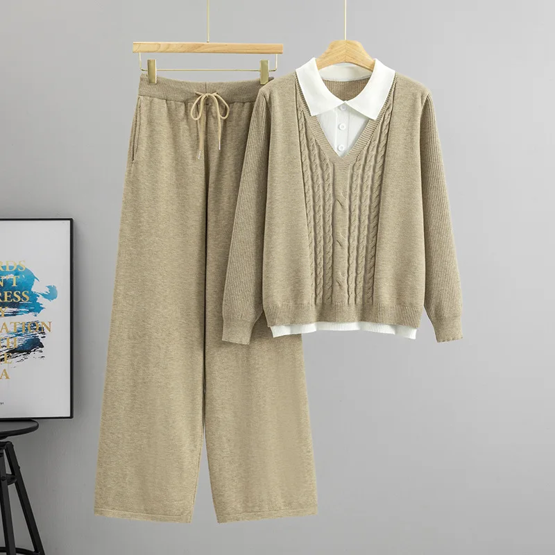 Sweater 2 Piece Set Women Pullover Wide Leg Pants Suit Turn Down Collar Knit Top Trousers Ensemble Autumn Winter Vintage Outfits