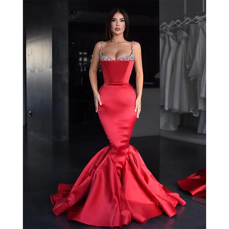 Red Mermaid Prom Dresses Beads Spaghetti Evening Dress Ruffles Bottom Formal Long Special Occasion Party dress