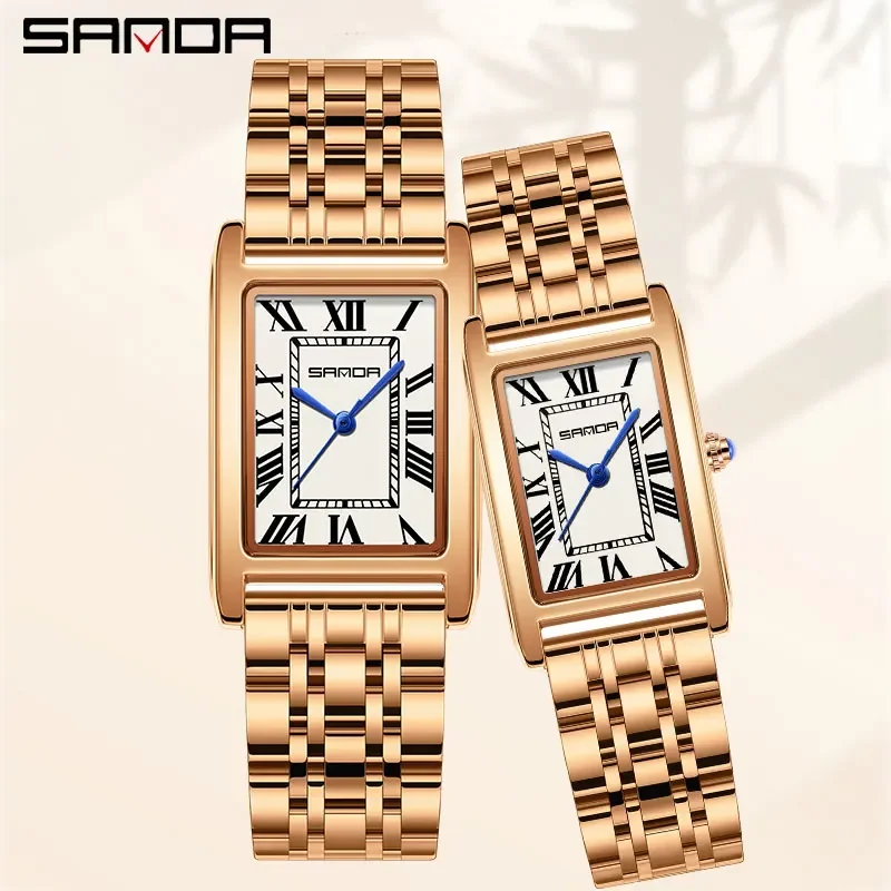 SANDA FashionCouple Tank Waterproof Watch Elegant Design Rectangular Dial  Quartz Movement Stainless steel Business Lovers Watch
