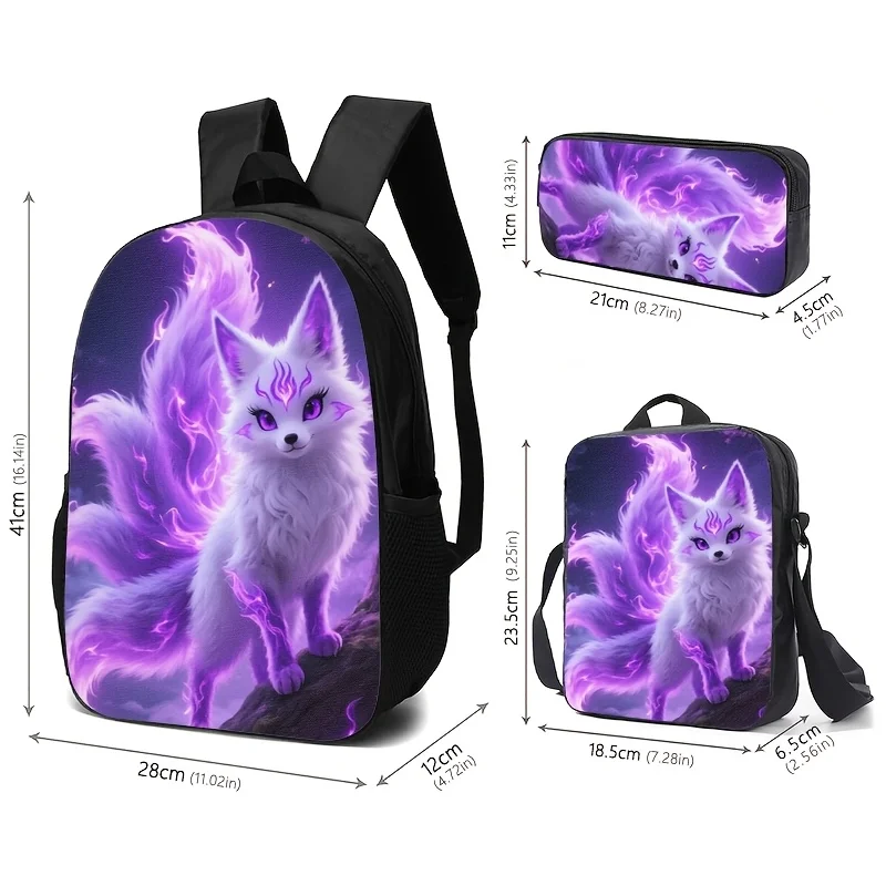 

A Three-Piece Set Including a Purple Nine-Tailed Fox Themed Backpack, Pencil Case, And Lunch Bag, Featuring High-Precision Print