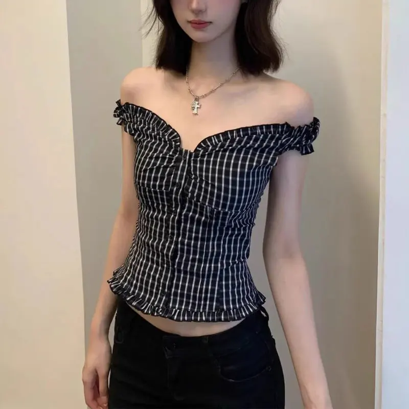 

Summer Korean Plaid Slim Shirts Hotsweet Slash Neck Women's Clothing Fashionable Folds Sleeveless Vintage Casual Short Blouse