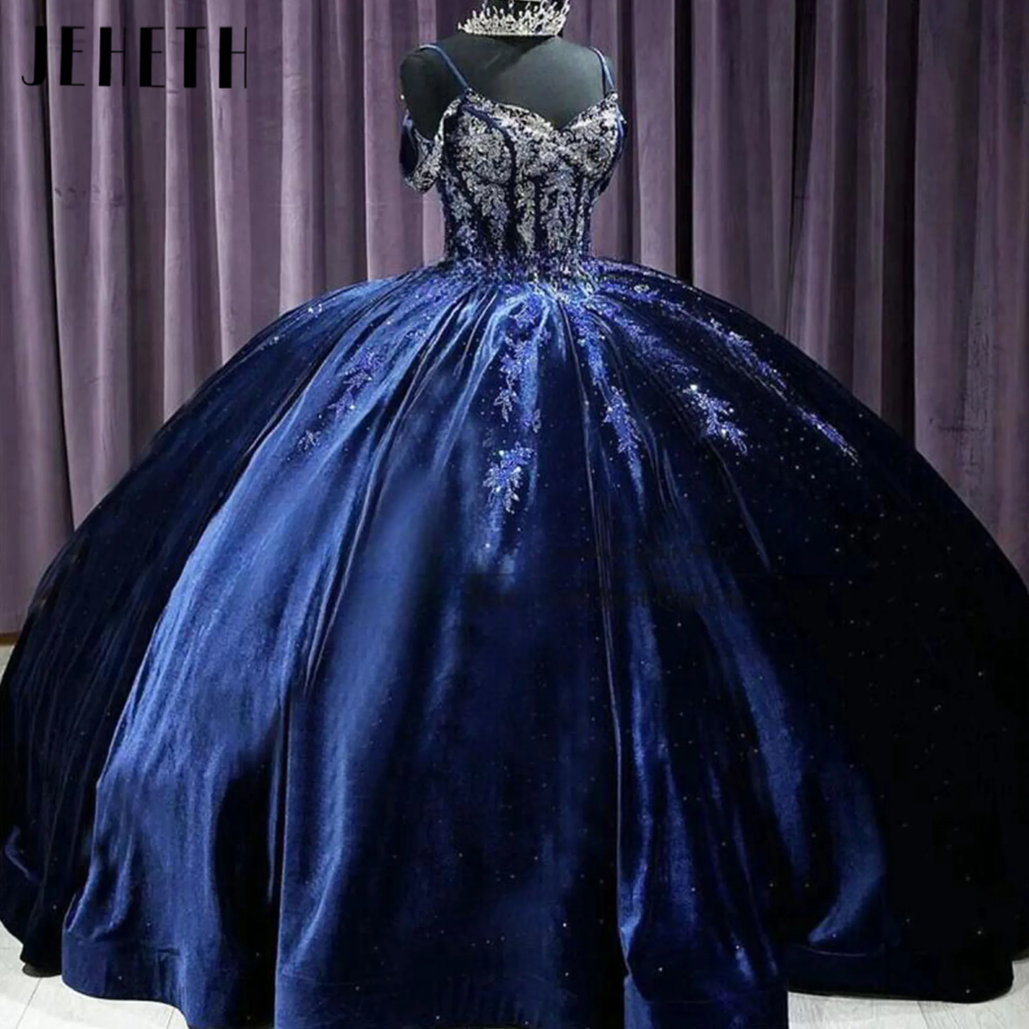 

JEHETH Eleganc Navy Blue Shiny Quinceanera Dresses Off The Shoulder Applique Beading Ball Gown Sweet Party Birthday 16 Gowns