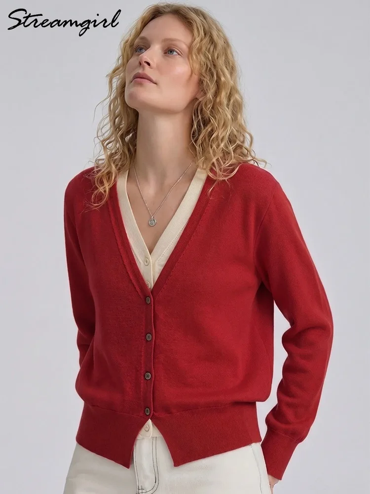 Women Vintage Color Block Fake Two-Piece Knit Cardigan V-Neck Loose Single Breasted Sweater Coat Autumn Winter Retro Outerwear