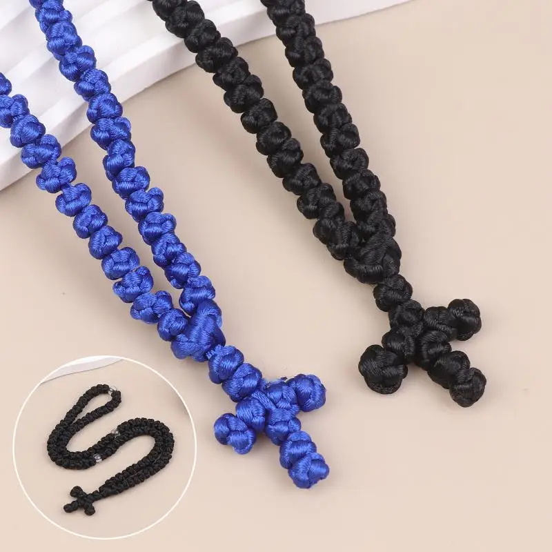 Black/Blue Komboskini Knot Necklace Handmade Orthodox Religous Rosary Prayer Rope Cross Jewelry Gift
