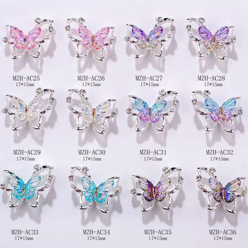 10 pçs borboleta encantos do prego ouro prata acessórios do prego material de liga resina peças do prego para manicure imprensa em unhas com gel