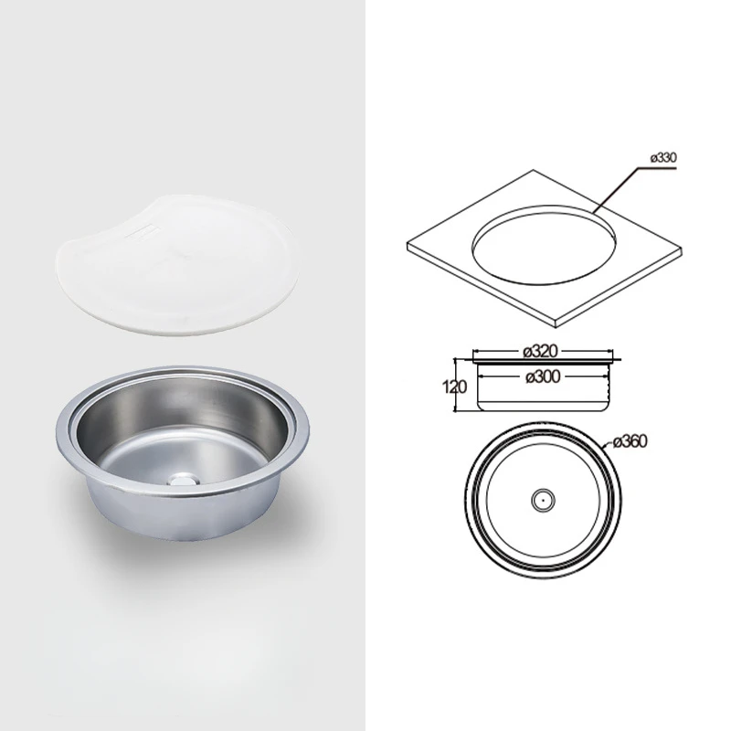 Aço inoxidável redondo plástico tampa pia com tábua de cortar, Conversão Caravana Peças Sobressalentes, Pia da cozinha opcional