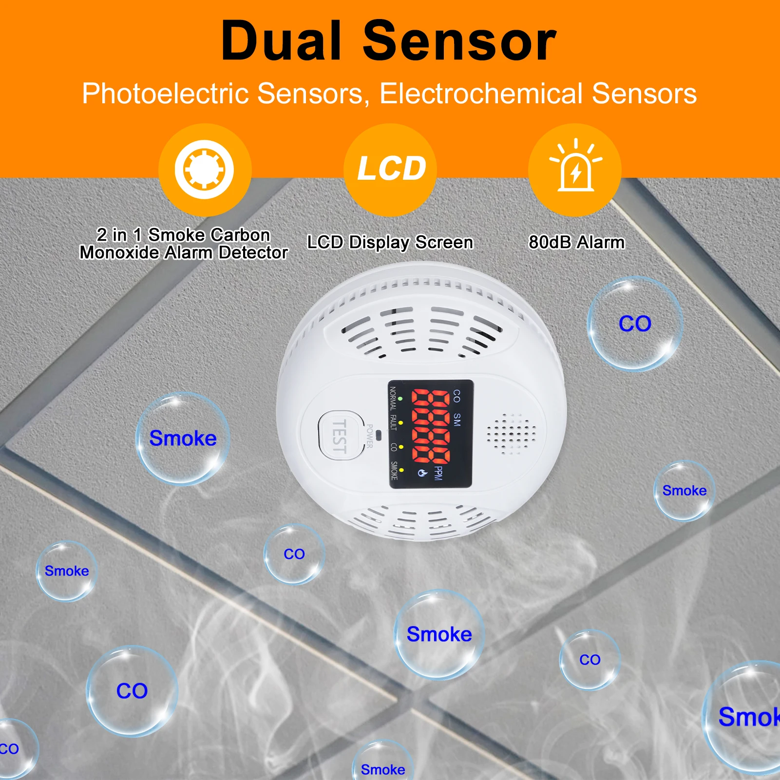 كاشف إنذار أول أكسيد الكربون 2 في 1 مستشعر مزدوج مع شاشة عرض LCD للفنادق والمباني المكتبية والمباني التعليمية #2
