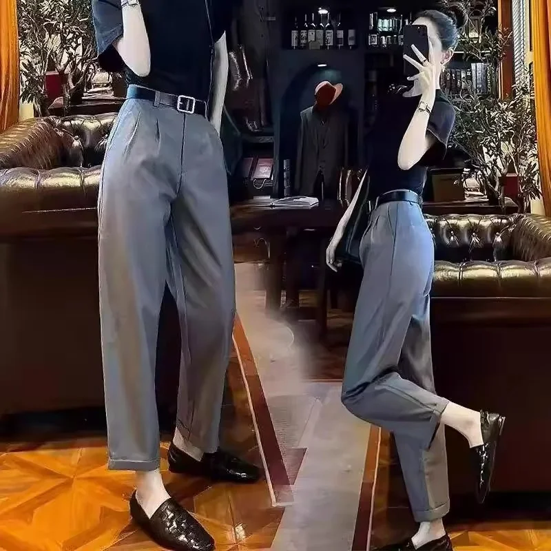 

Korean Jiufen Pants Women Spring Summer New High-Quality High-Waist Trousers Joker Grey Suit Pants Harem Straight Pants Ladies
