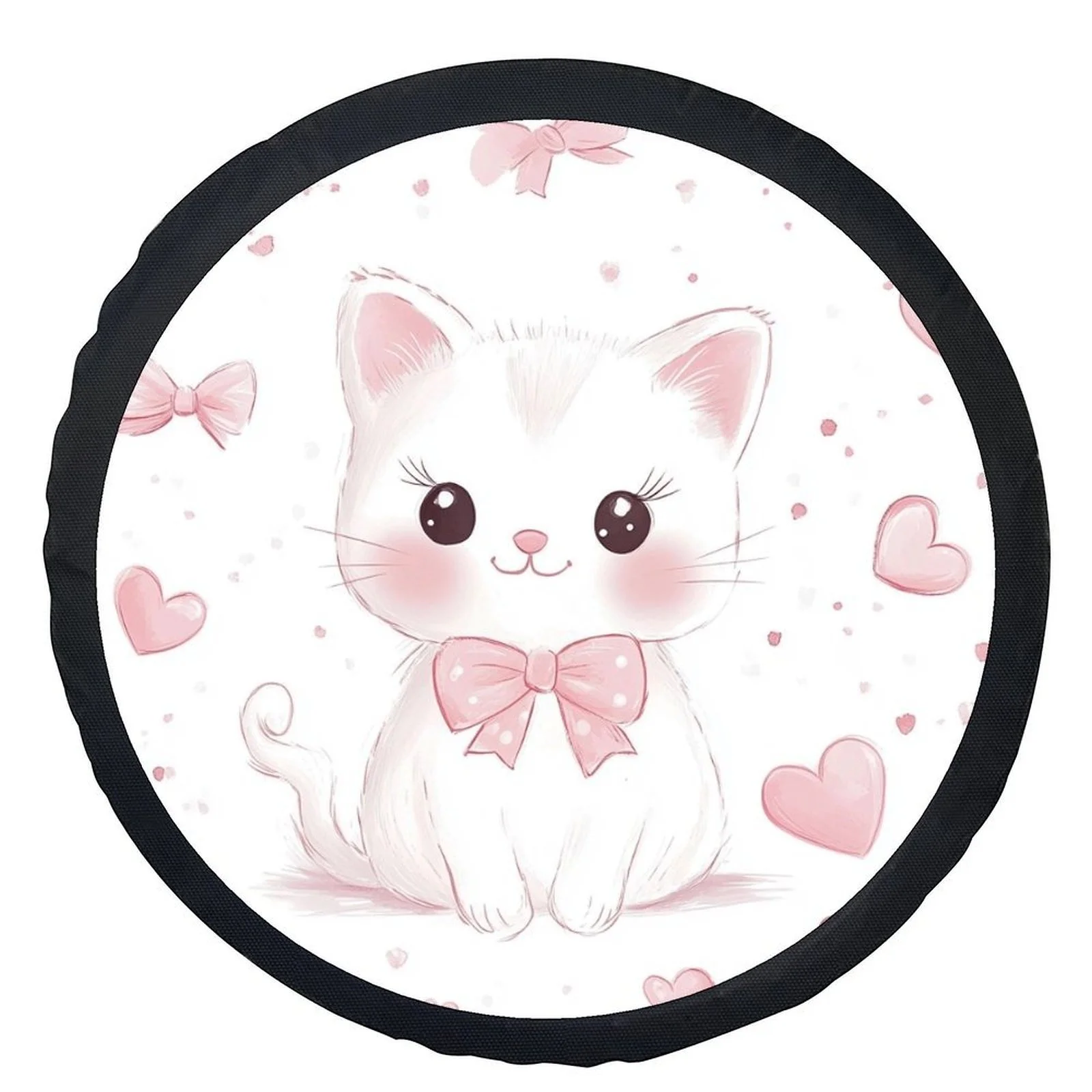 1pc Cute White Kitten & Pink Hearts Wheel Cover With Bow Tie - Car Tire, Pink Bow & Heart Pattern, Soft Pastel Pink/White Design