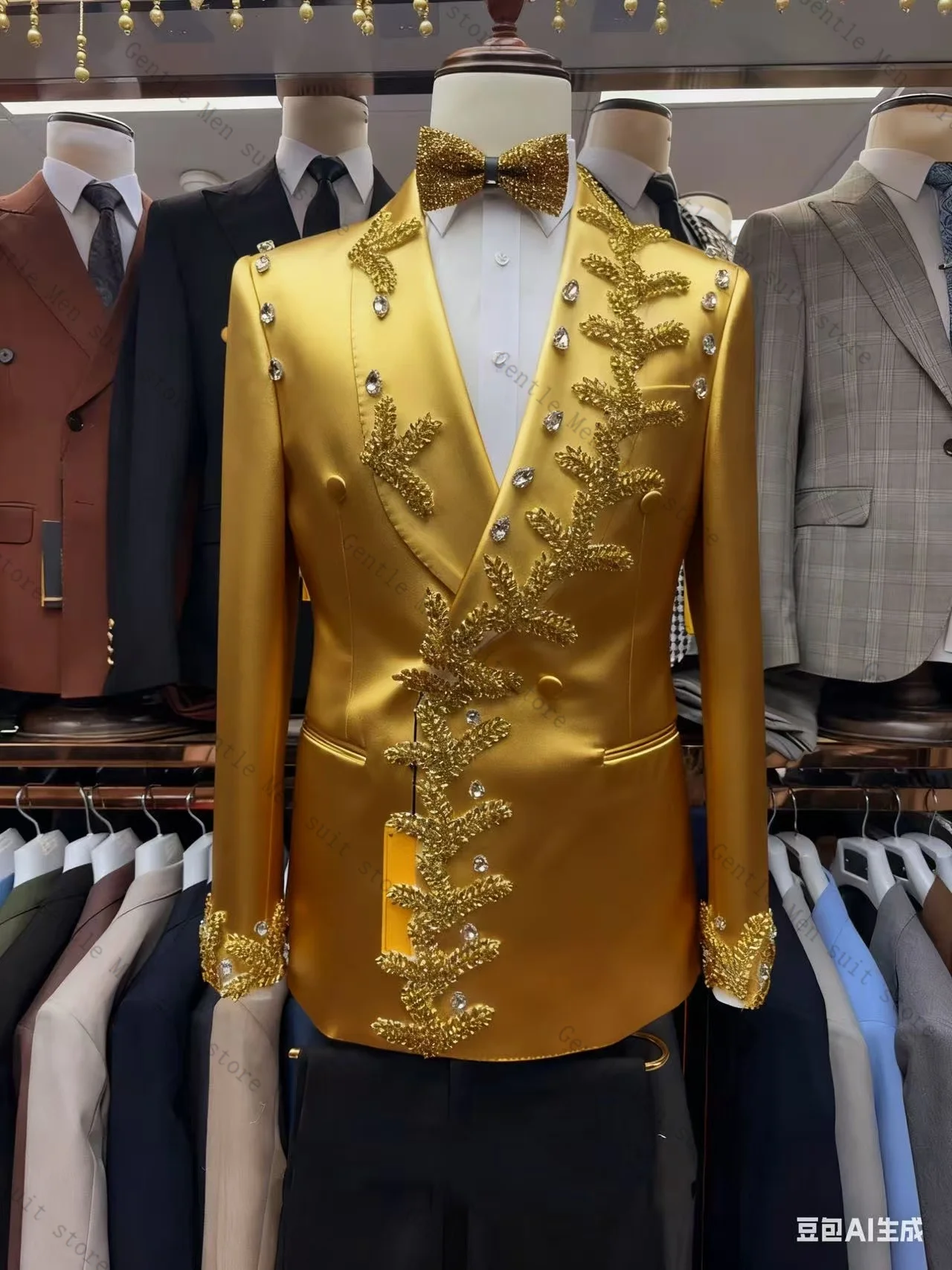 Conjunto de terno masculino com contas douradas, 2 peças, blazer + calças pretas, smoking de casamento, jaqueta formal de escritório, casaco de baile personalizado