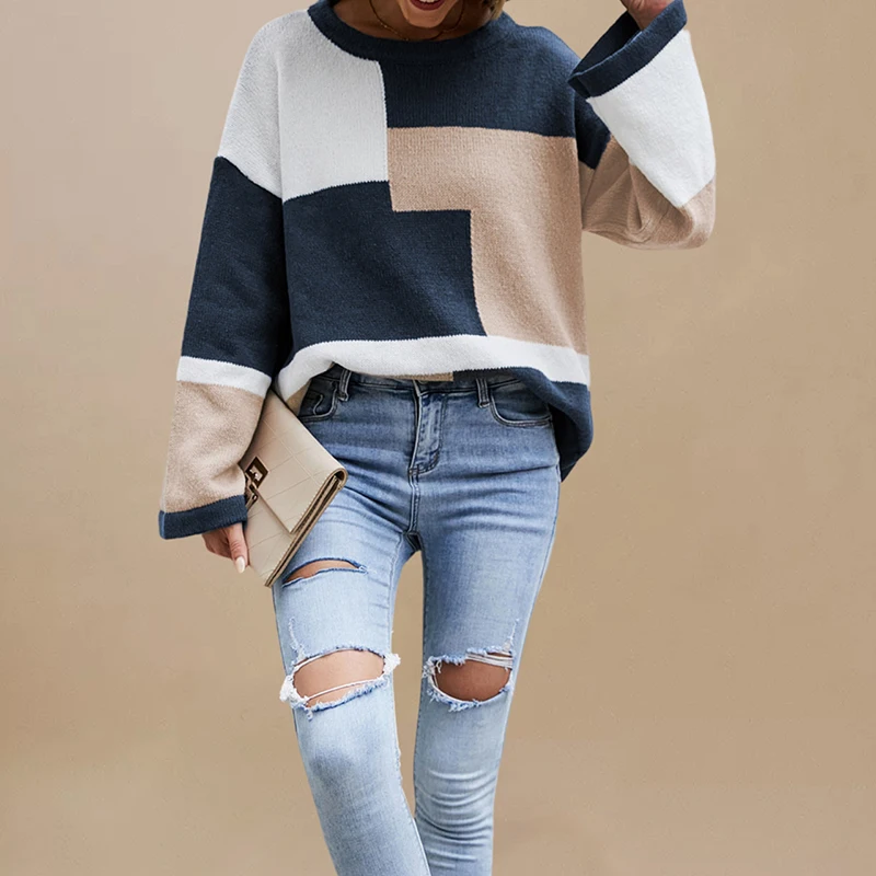 Women O-Neck Sweater Plaid Patchwork Knit Warm Long Sleeve Pullovers Fashion Casual Loose Sweater Woman Autumn Winter 2024 New