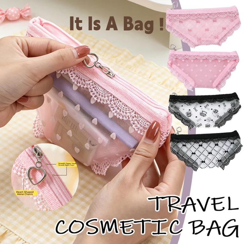 Korean Style Briefs Creative Shape Cosmetic Bag Lace Trim Decorative Triangle Makeup Bag Mesh Storage Pouch Prank costume Gift