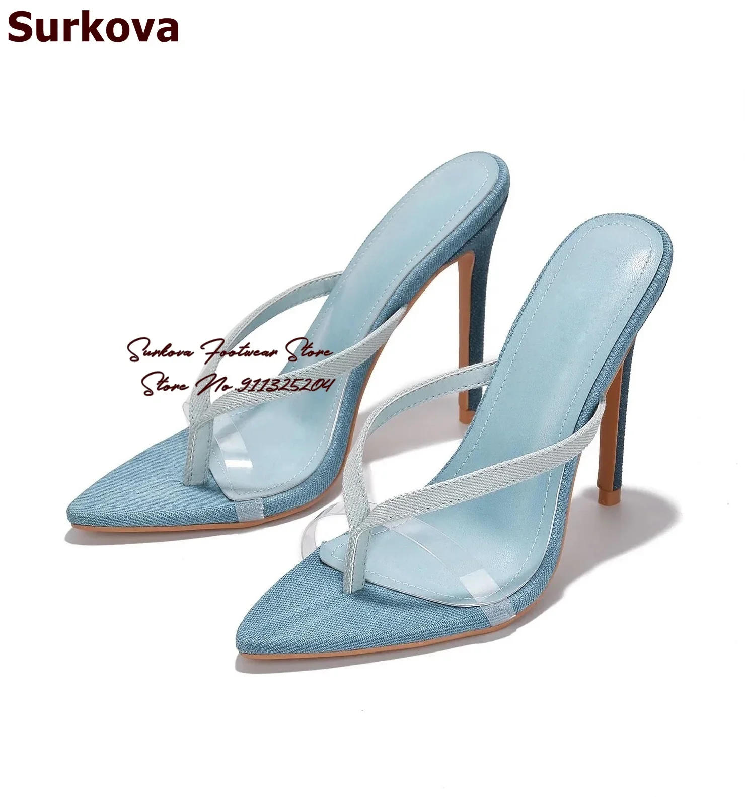 Surkova Blue Denim Clipped Toe High Heel Modern Slippers Transparent Clear Strap Sandals Slip-on Pointed Toe Dress Shoes