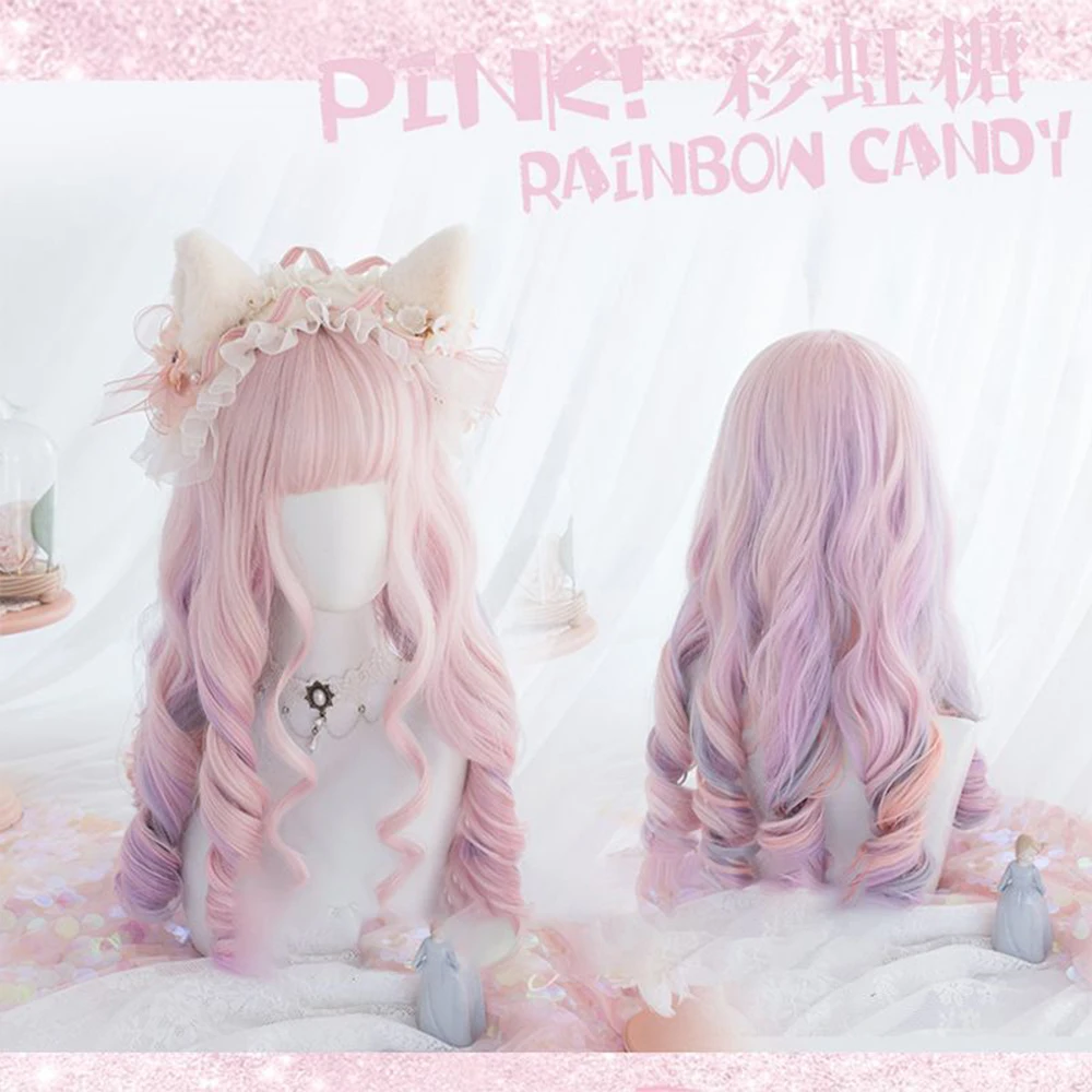 OLACARE Peach Pink Color Synthetic Wigs With Bang Long Natural Wavy Hair Wig for Women Daily Use Cosplay Heat Resistant