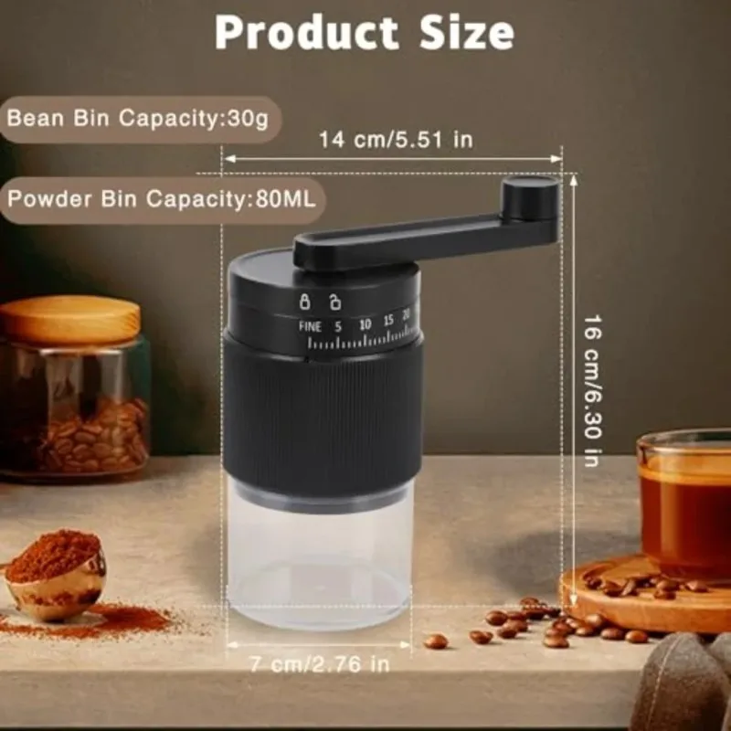 Manual Coffee Grinder with 95 Ceramic Burr for Adjustable Coarse to Fine Grinding Holds 30g Beans and Produces up to 80ml Powde