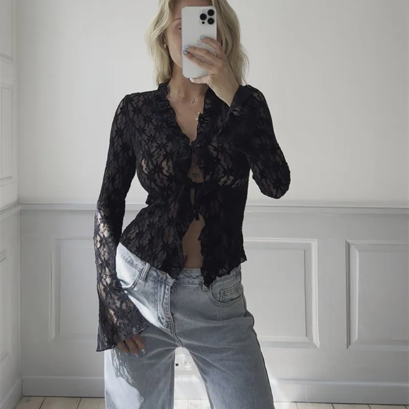 hirigin Elegant Women Summer Lace Floral Tops Flare Long Sleeve Tie Front Sheer Slim Crop Cardigan Clubwear blusa mujer moda