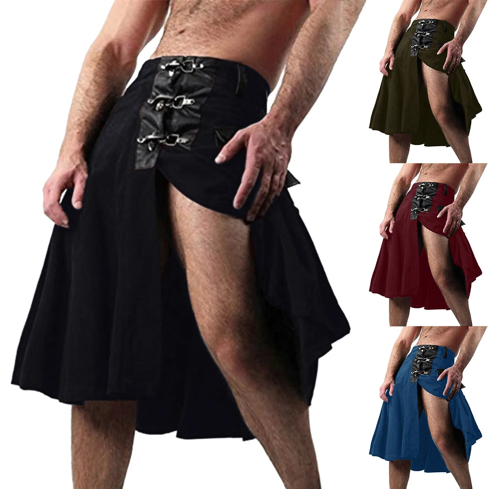 Belted Side Slit Skirts Kilt Men Dark Goth Hip Hop Punk Rock Scottish Mid Waist Pockets A Line Skirts Vintage National Costume