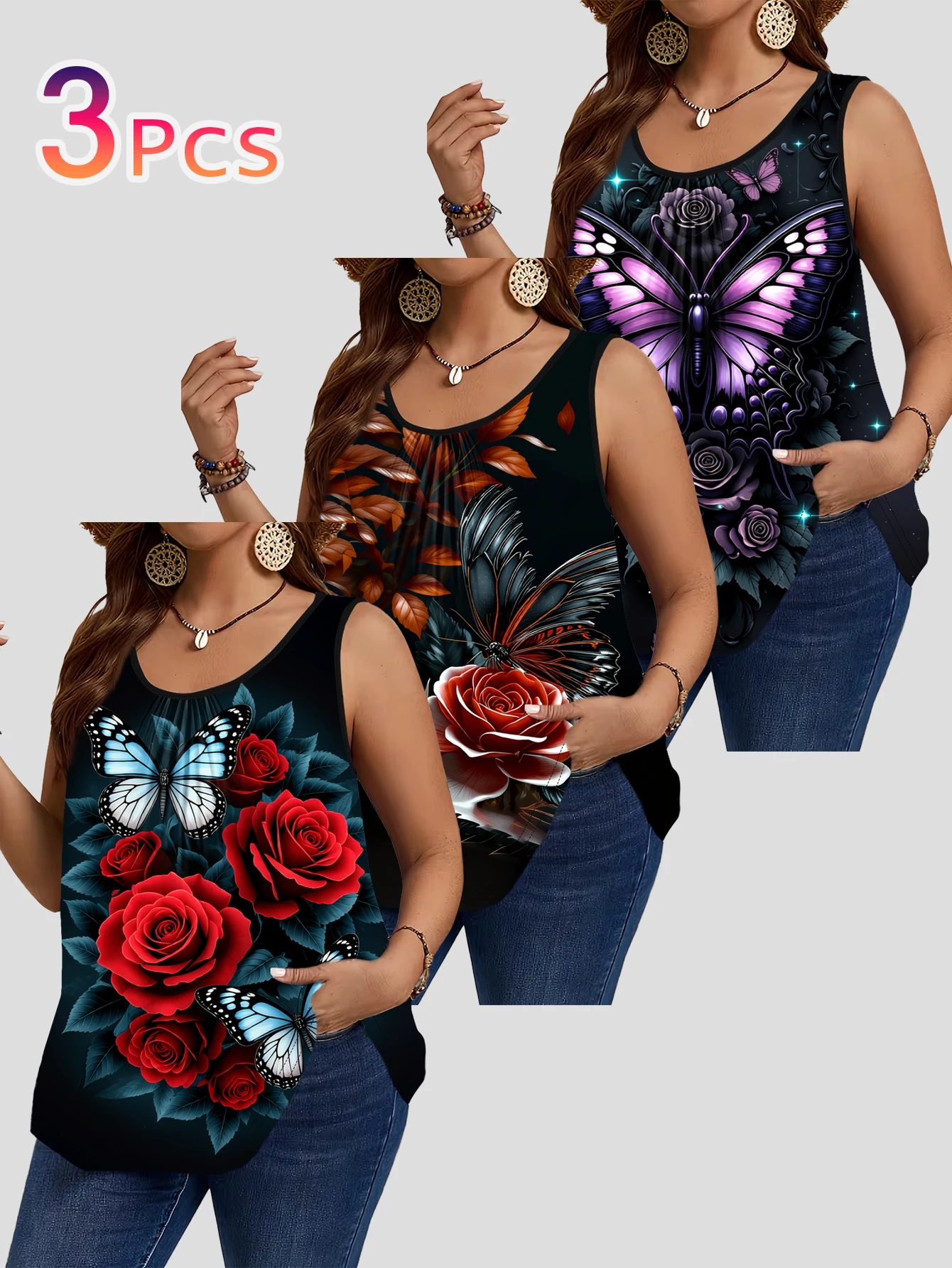 3-Piece Set of Plus-Size Women's Vests with Rose Butterfly Dark Floral Print Loose Sleeveless Tops