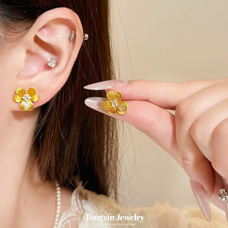 Alluvial gold set with diamond drawing flower earrings senior sense temperament floret sweet earrings