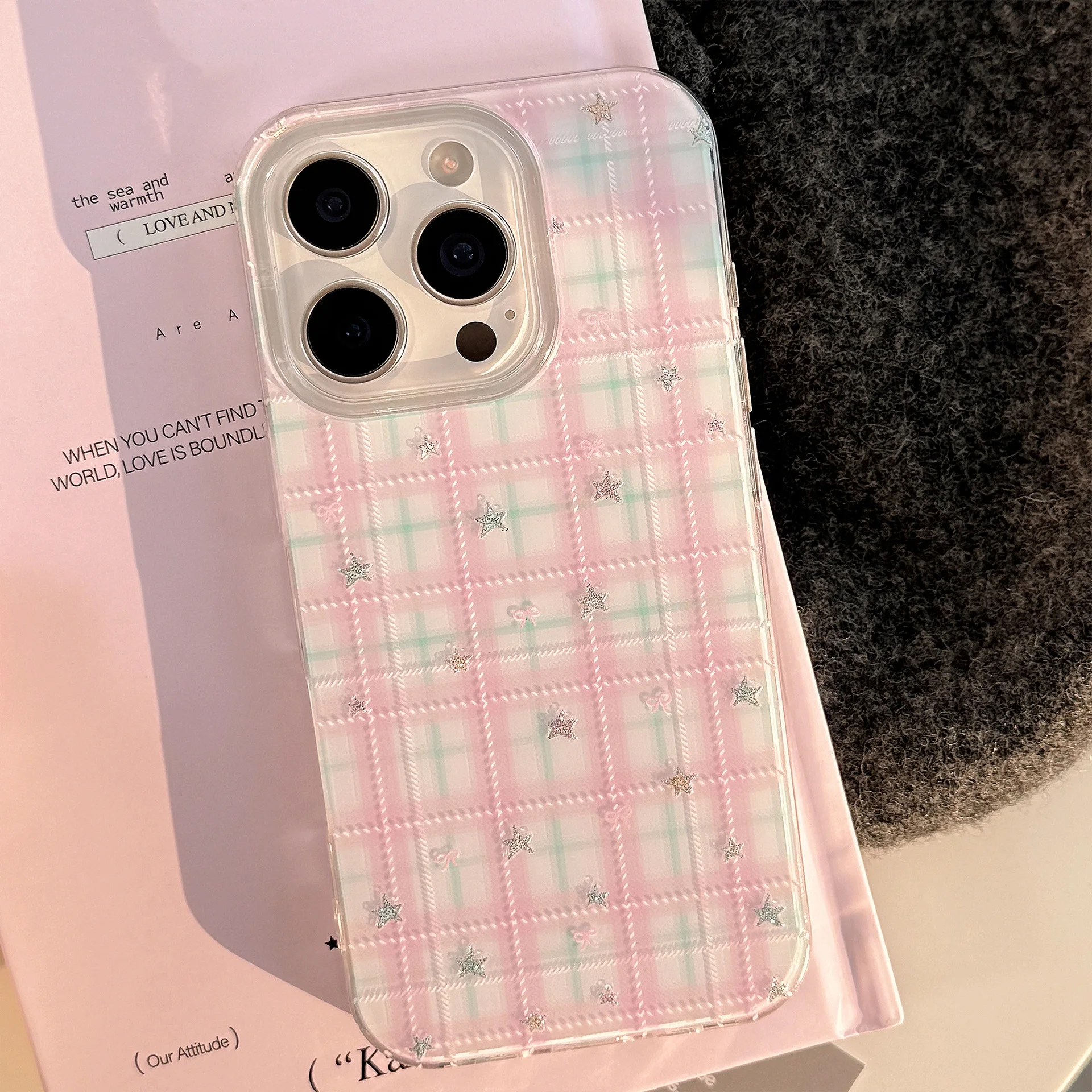 Koreanische rosa grüne Gittermuster Sterne Handyhülle für iPhone 16 15 14 13 12 Mini 11 Pro Max XS XR X 7 8 Plus stoßfeste Hardcover