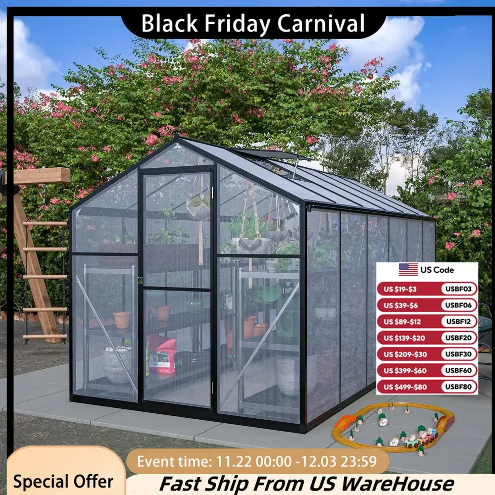 12x6 FT Hybrid Polycarbonate Greenhouse Walk-in Hot House Outdoor Hobby Greenhouse Kit Heavy Duty Aluminum for Backyard