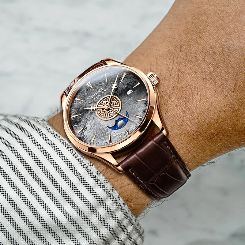 LOBINNI Cristal de zafiro 5ATM Lujo 40,5 mm Relojes mecánicos automáticos para hombres Correa de cuero