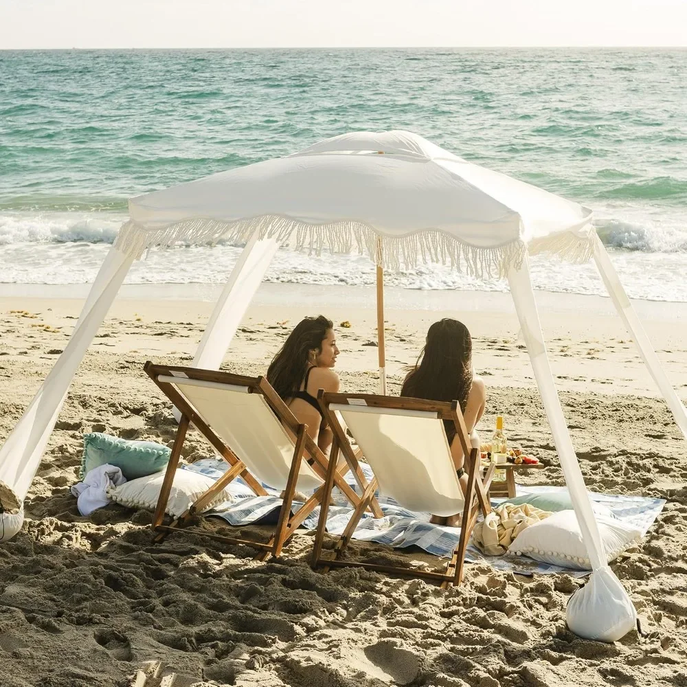 Cabana de praia com franjas, dossel de praia Boho de 6'×6' com borlas, fácil instalação e poste de madeira premium, barraca de cabana com bolsos de areia |